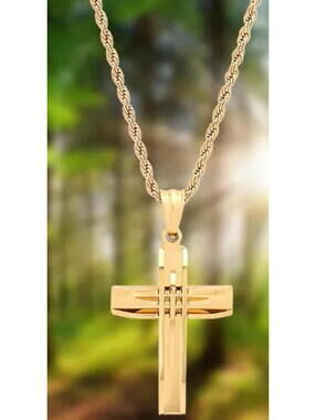 NEW Steeltime Stainless Steel 18K Gold Plated Cross Pendant Necklace w/ Chain